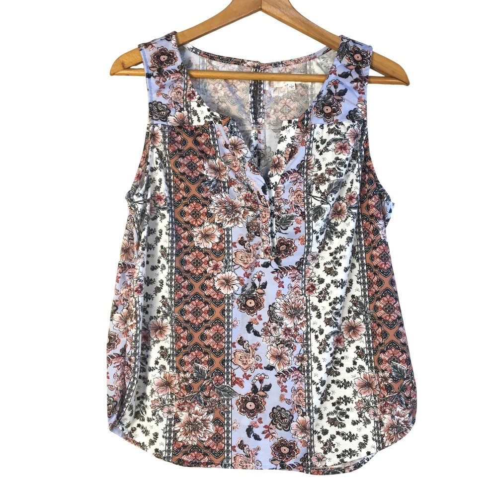 Eden & Olivia Floral Stripe Patchwork Keyhole Tank Top‎ Size L